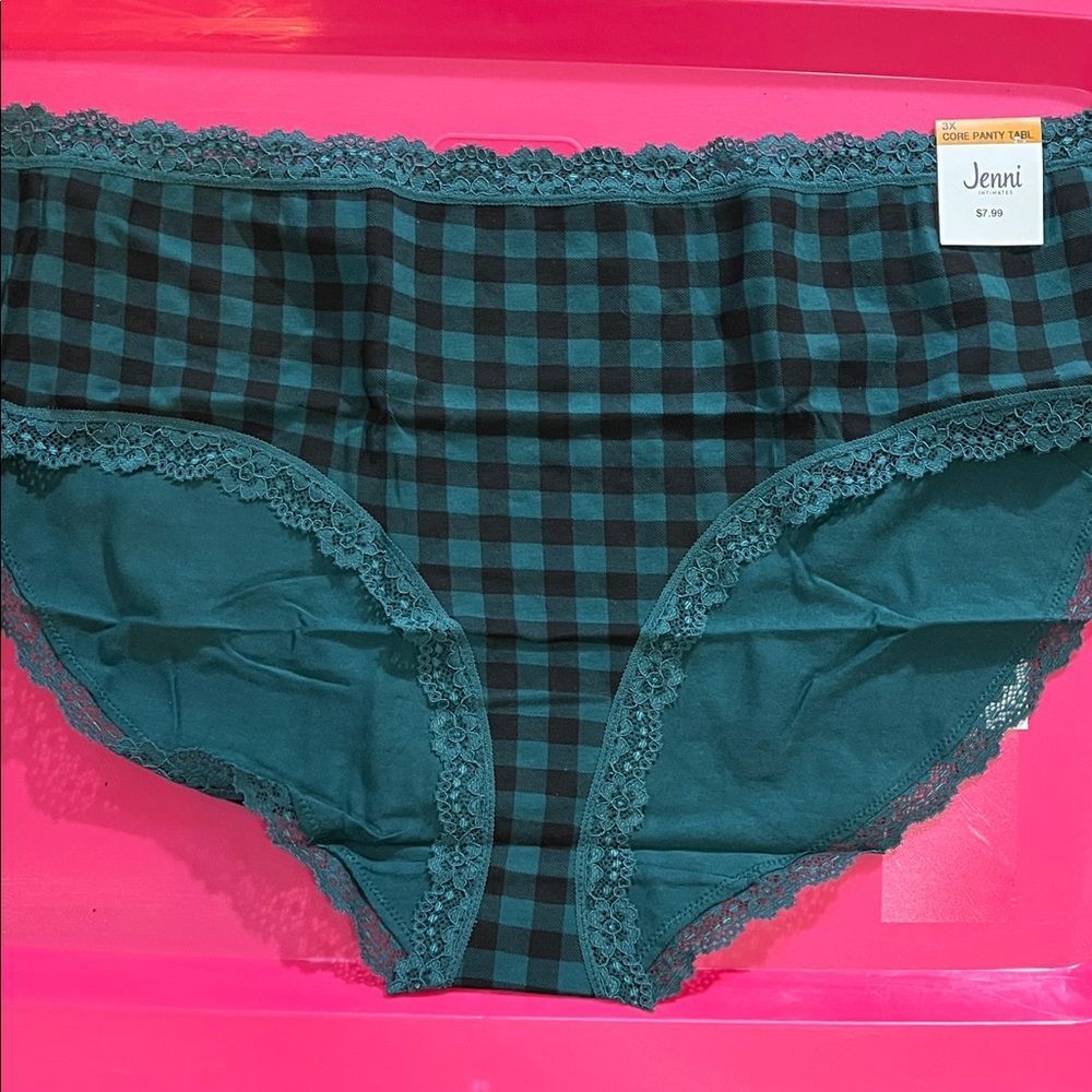 Jenni Plus Green and Black Buffalo Check Lace Panties Sz 3X